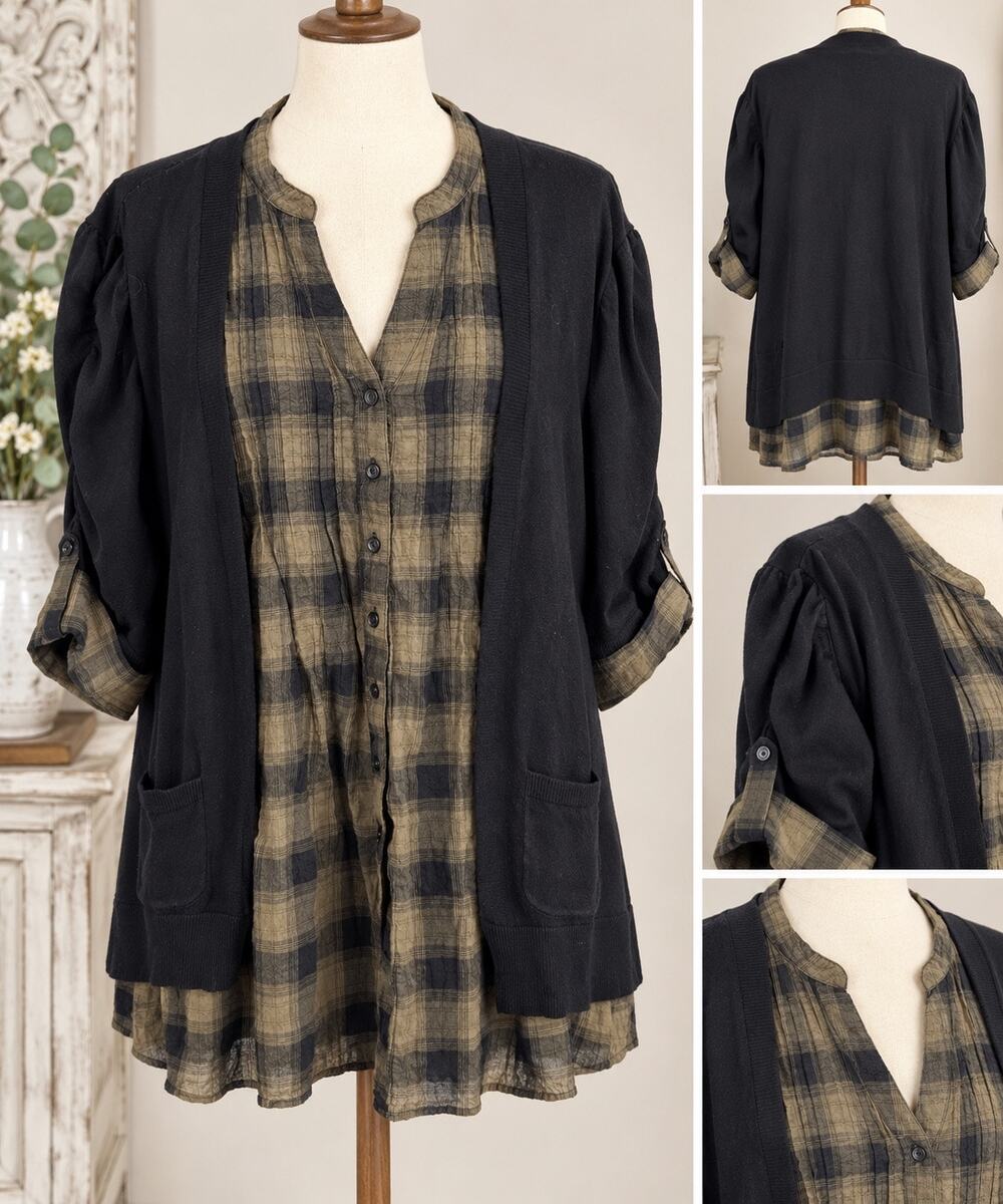 NorthStyle XL Black Plaid Layered Cardigan Tunic Alternative Grunge Boho